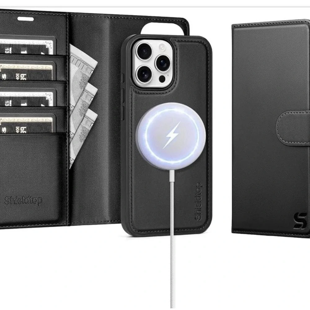 Shieldtop Leather Wallet Case for iPhone 14 Pro Max Black Magnetic Card Pocket